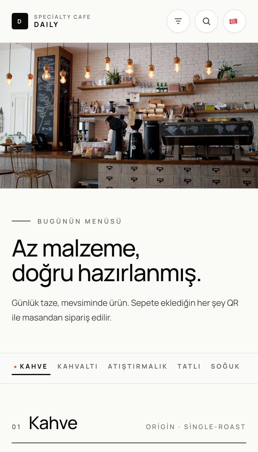 Specialty cafe teması — canlı demo menü