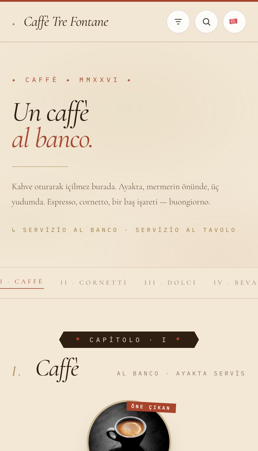 Espresso bar teması — canlı demo menü